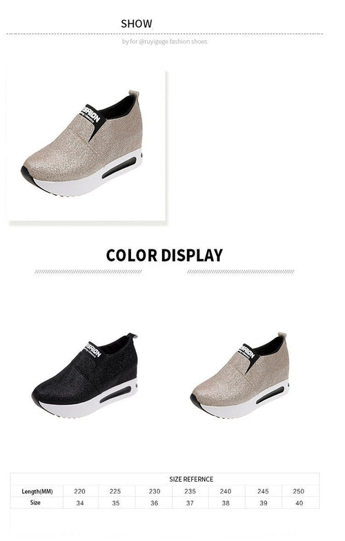 Lamsa wedge sneakers in black and gold sparkly material with thick white soles and a size chart.