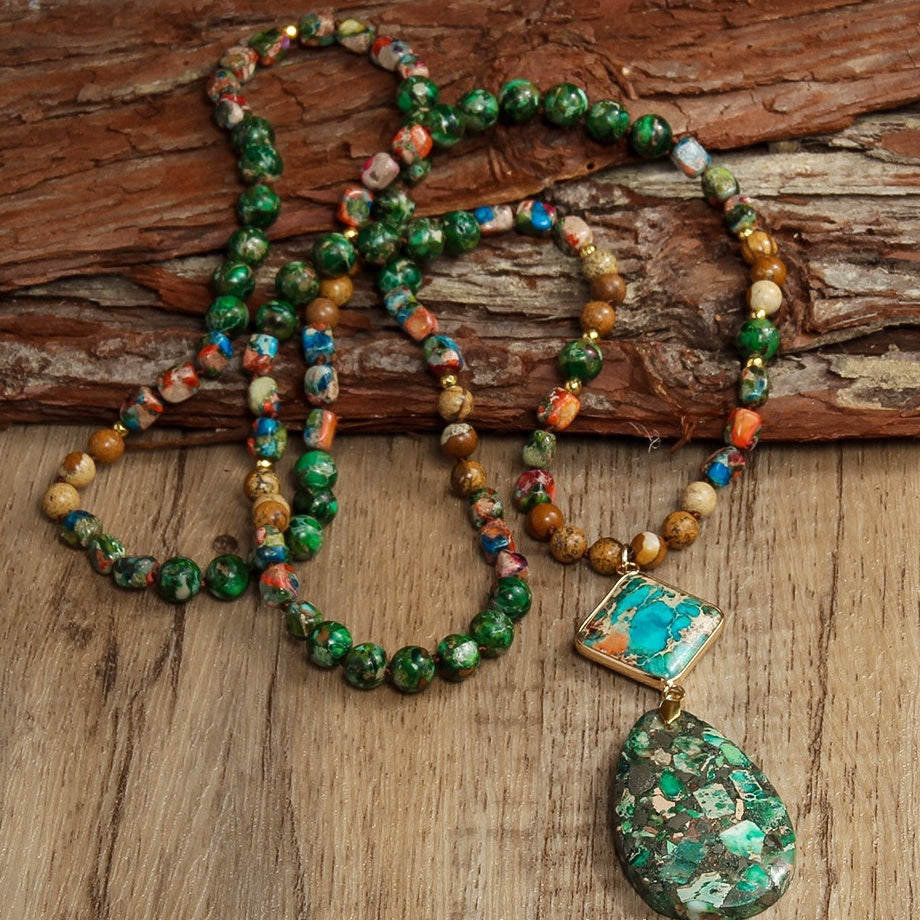 Natural Stone Knotted Necklace Diamond Drop Pendant Necklace