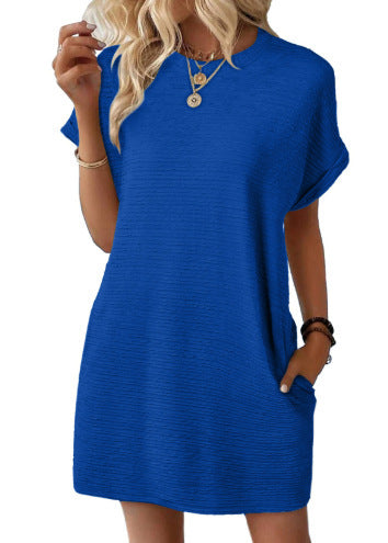Summer New Loose Round Neck Pocket Solid Color Short Sleeve Dress Women