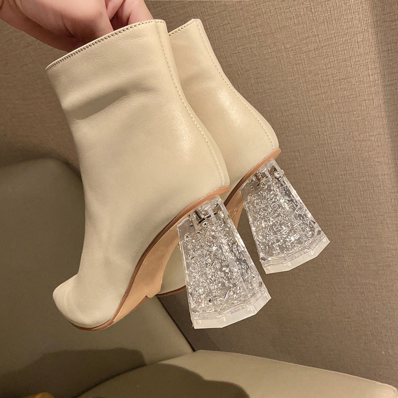 Pointed Toe Short Boots Women Crystal Thick Heel High Heel Retro Boots Single Boots