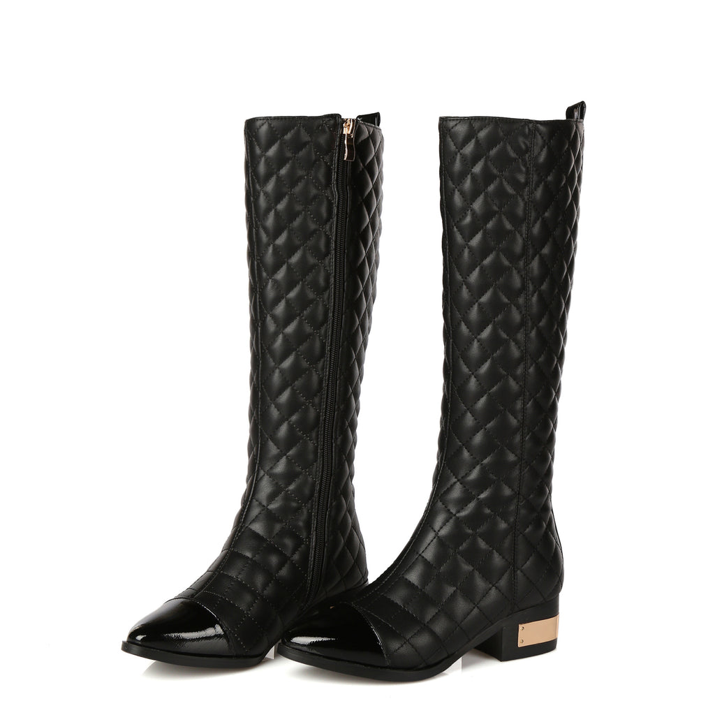 High-top Handsome Plaid Cowhide Boots Women British Style