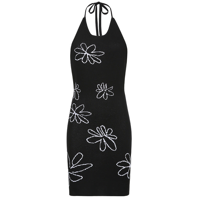 Printed Halter Slim Halter Wool Sling Dress Short Skirt Women