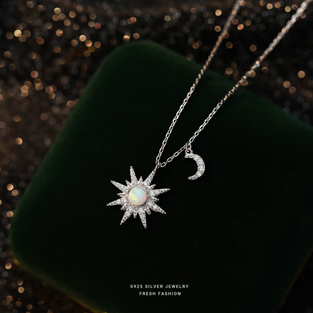 S925 Sterling Silver Eight Awn Star Moon Tooth Opal Stone Necklace