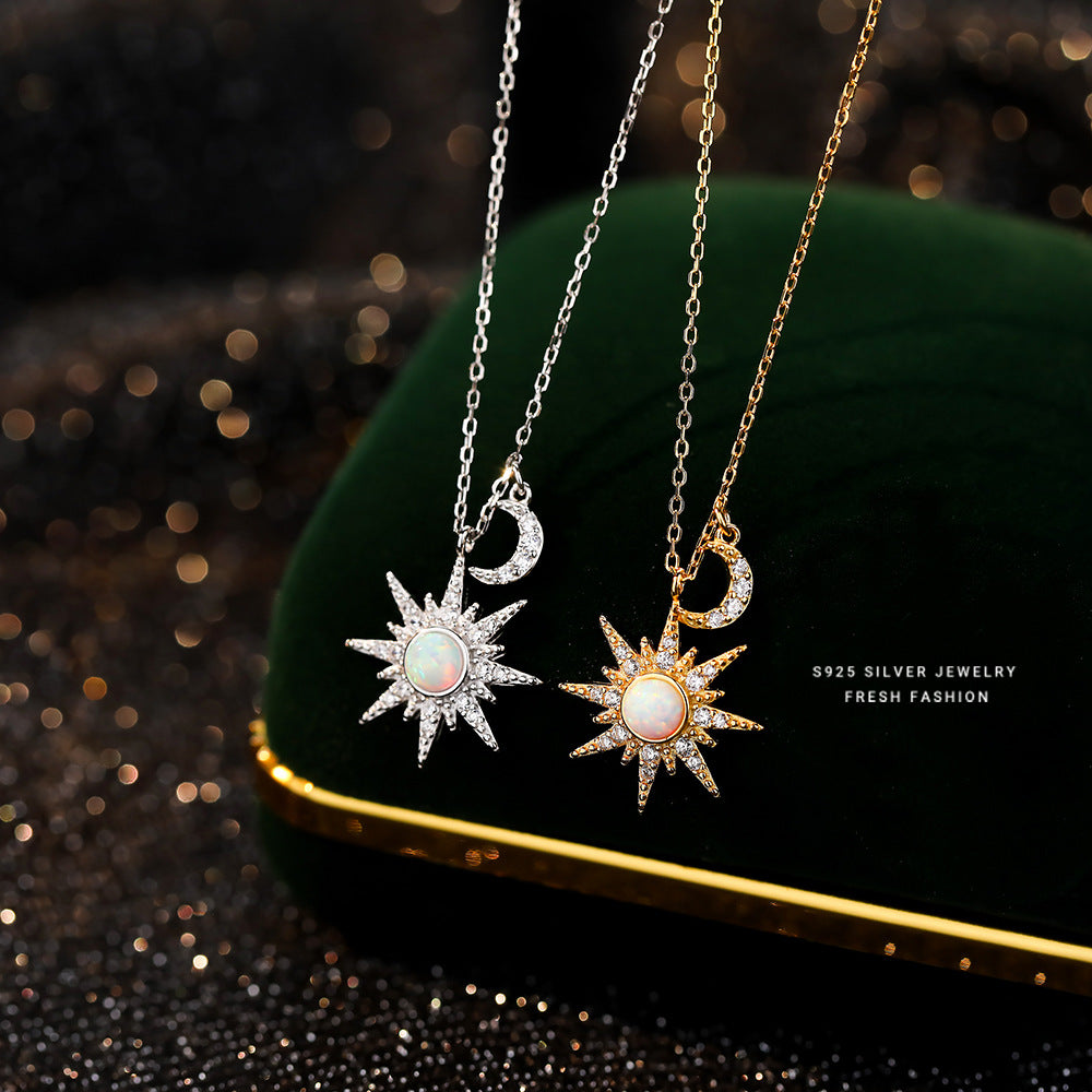 S925 Sterling Silver Eight Awn Star Moon Tooth Opal Stone Necklace