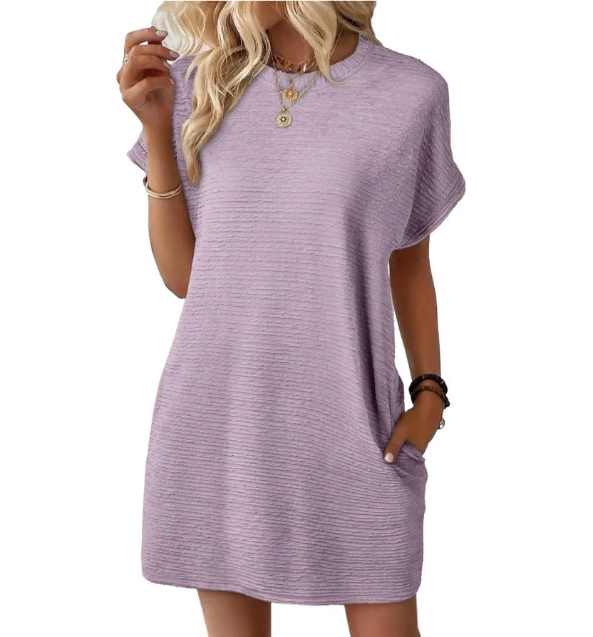 Summer New Loose Round Neck Pocket Solid Color Short Sleeve Dress Women