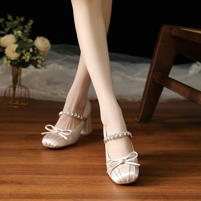 Women's Bow-Tied Square-Toe Rhinestone Chunky Heel High Heels