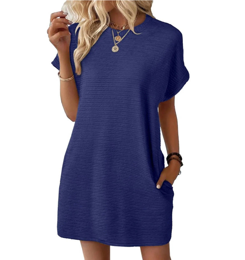 Summer New Loose Round Neck Pocket Solid Color Short Sleeve Dress Women