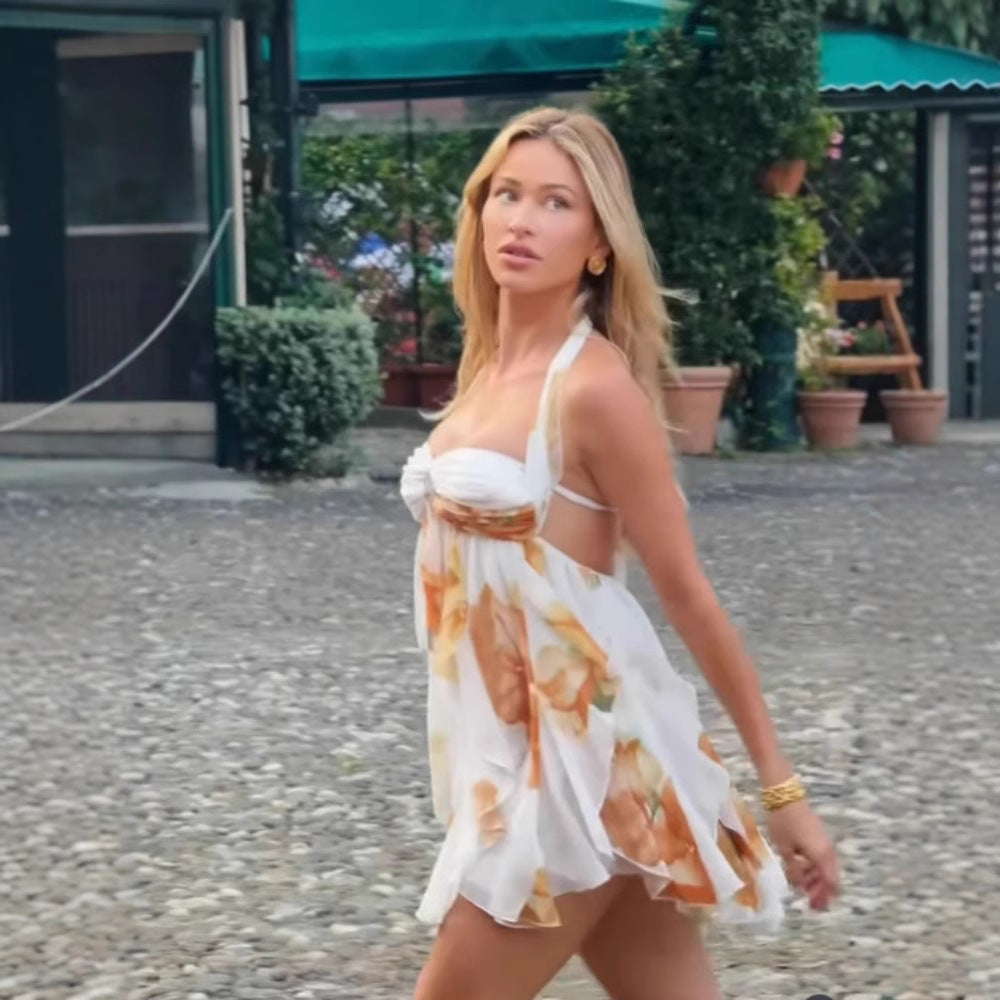 Summer New Halter Neck Deep-Back Asymmetrical Hemline Short Dress For Women