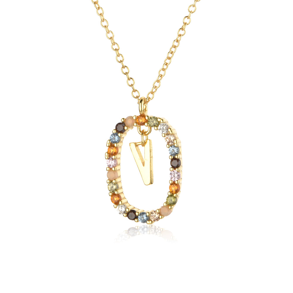 Colorful Rainbow Semi-precious Stone Crystal Clavicle Chain With Zirconium Letters