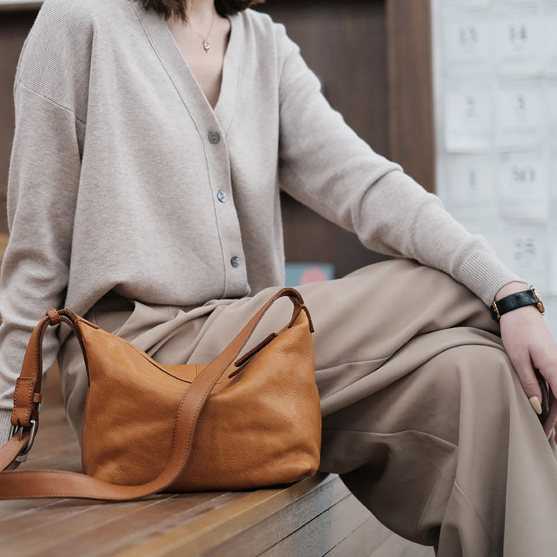 Genuine Leather Single Shoulder Dumpling Bag Japanese Women Wide Strap