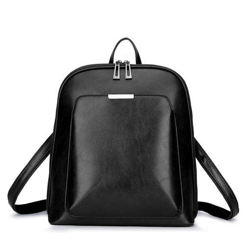 Black leather backpack with a front zipped pocket, top handle, and silver hardware.