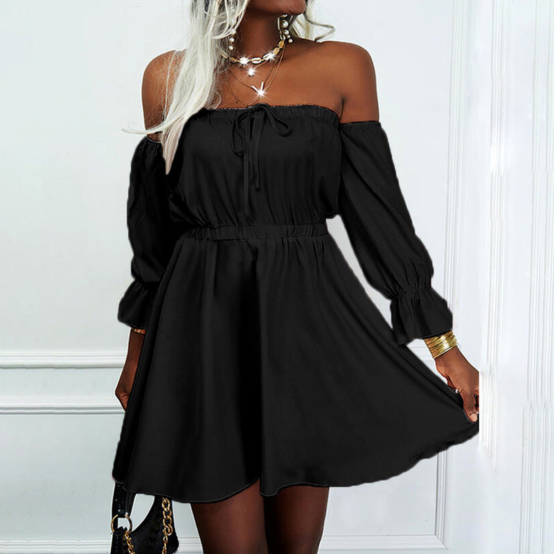 Women Solid Color Short-Sleeved One-Neck High-Waisted Dress