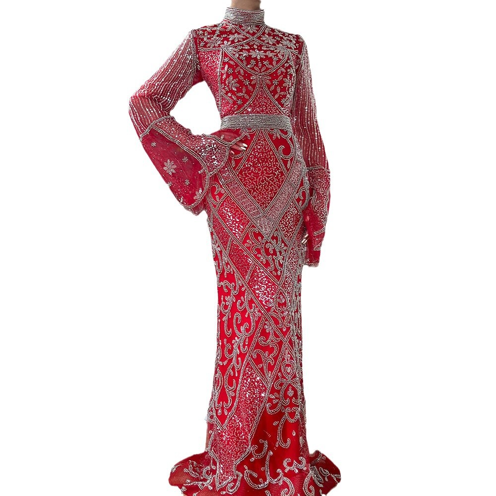 Red High Collar Fishtail Evening Long Dress
