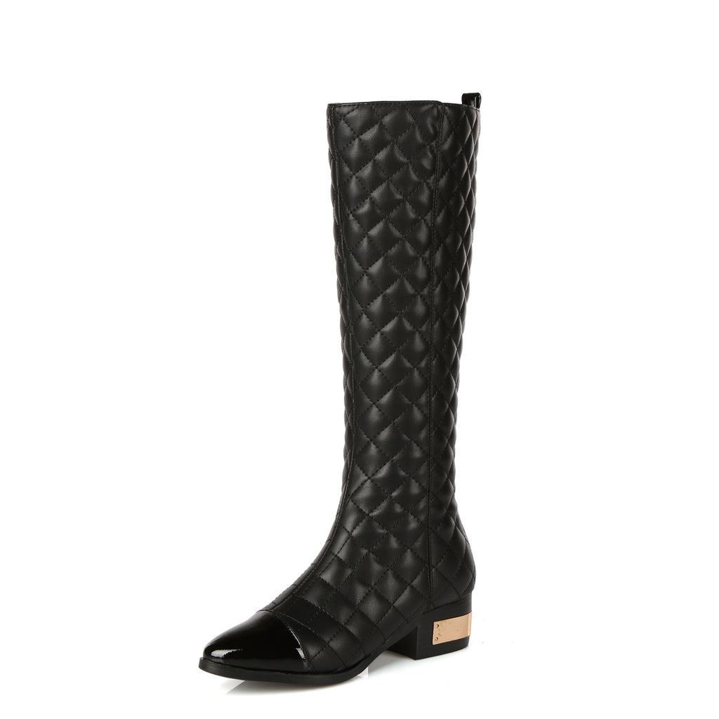 High-top Handsome Plaid Cowhide Boots Women British Style