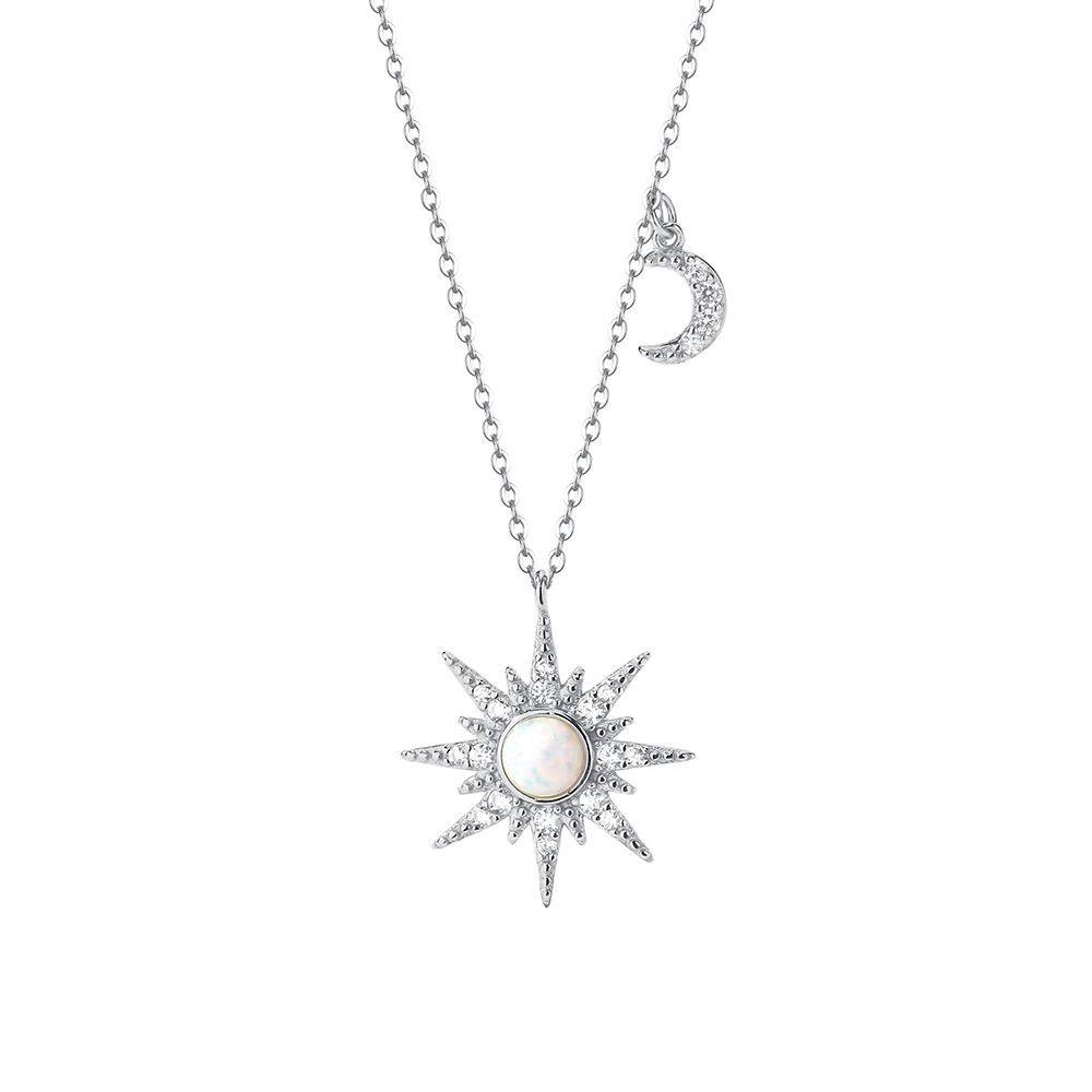 S925 Sterling Silver Eight Awn Star Moon Tooth Opal Stone Necklace