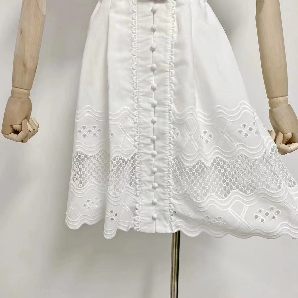 V-neck Puff Sleeve Single Breasted Belt Waist Trimming Short Dress Women