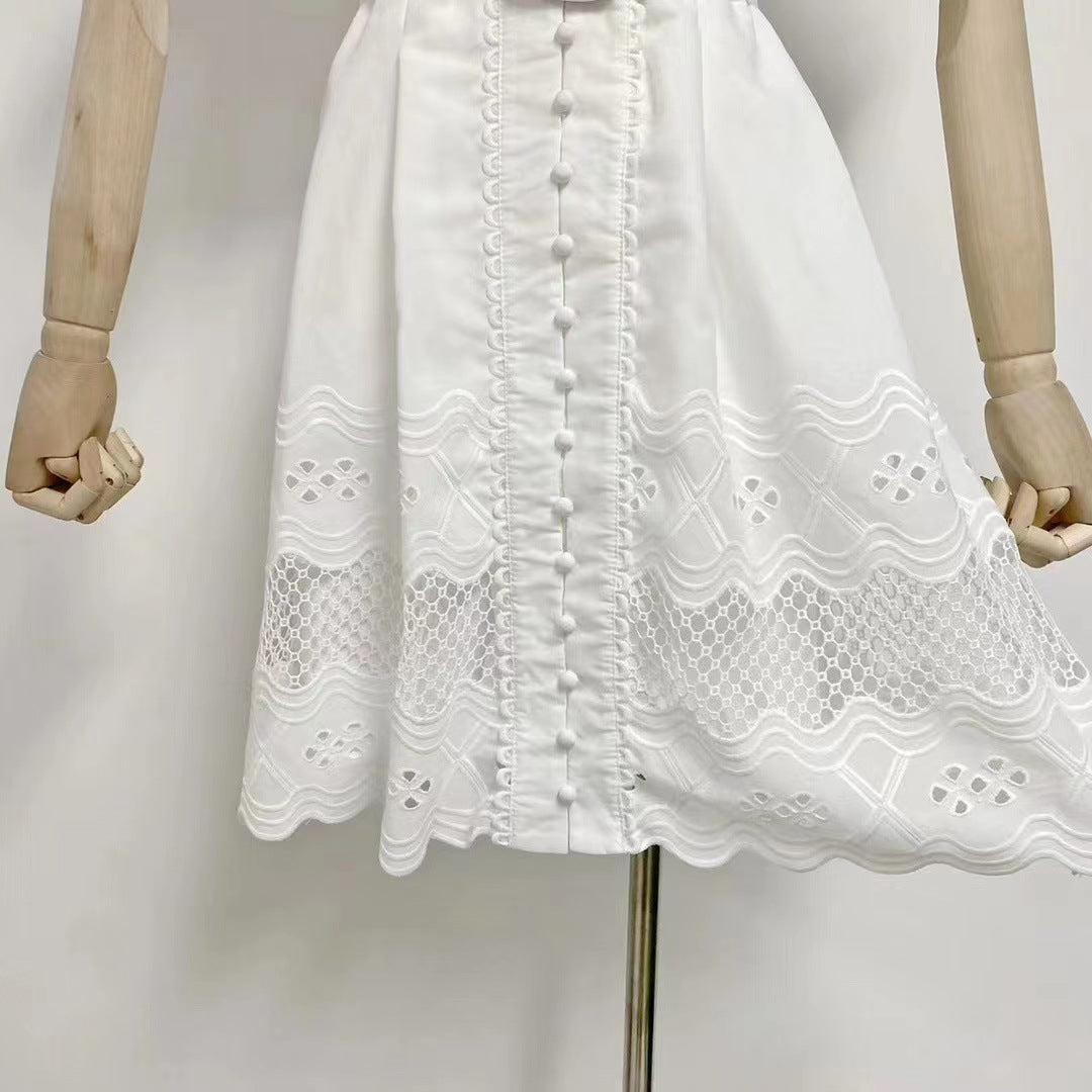 V-neck Puff Sleeve Single Breasted Belt Waist Trimming Short Dress Women