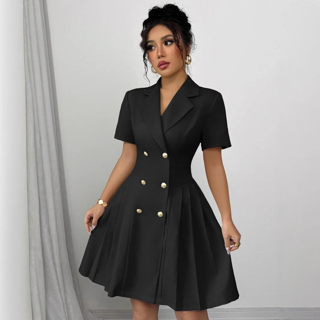 Solid Color Short-sleeved Waist-cinching Double-breasted Dress For Women