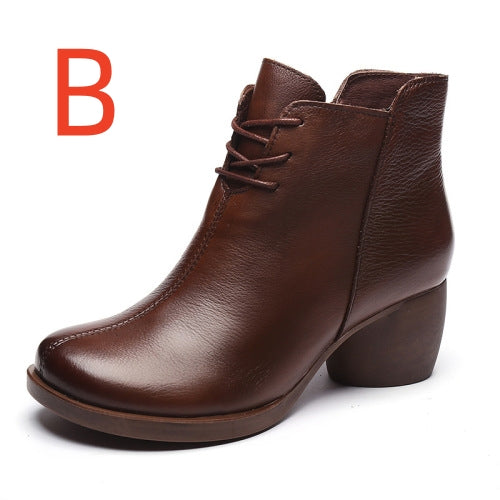 New Retro Leather Comfortable Thick Heel Women Boots High Heel Martin Boots Leather Boots Short Boots Women