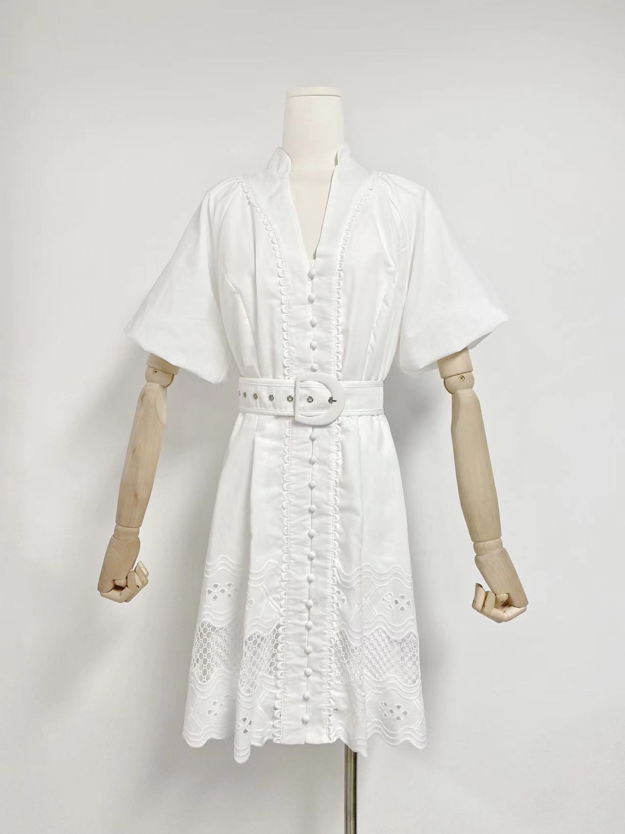 V-neck Puff Sleeve Single Breasted Belt Waist Trimming Short Dress Women