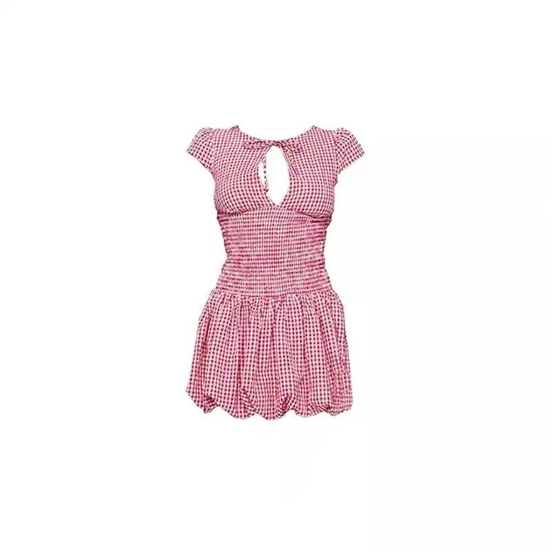 Red Pattern Hollow Out Short Sleeve Dress Women