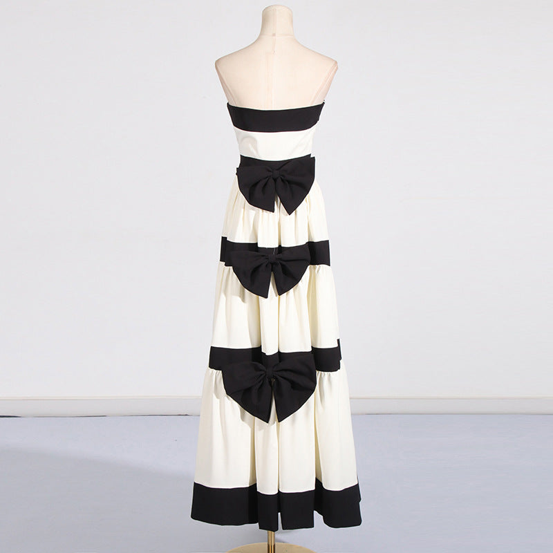 Tube Top Contrast Color Striped Bow Decoration Dress