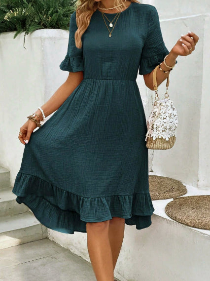 European And American Women's Clothing New Tied Lotus Leaf Short Sleeve Fashion Dress Women