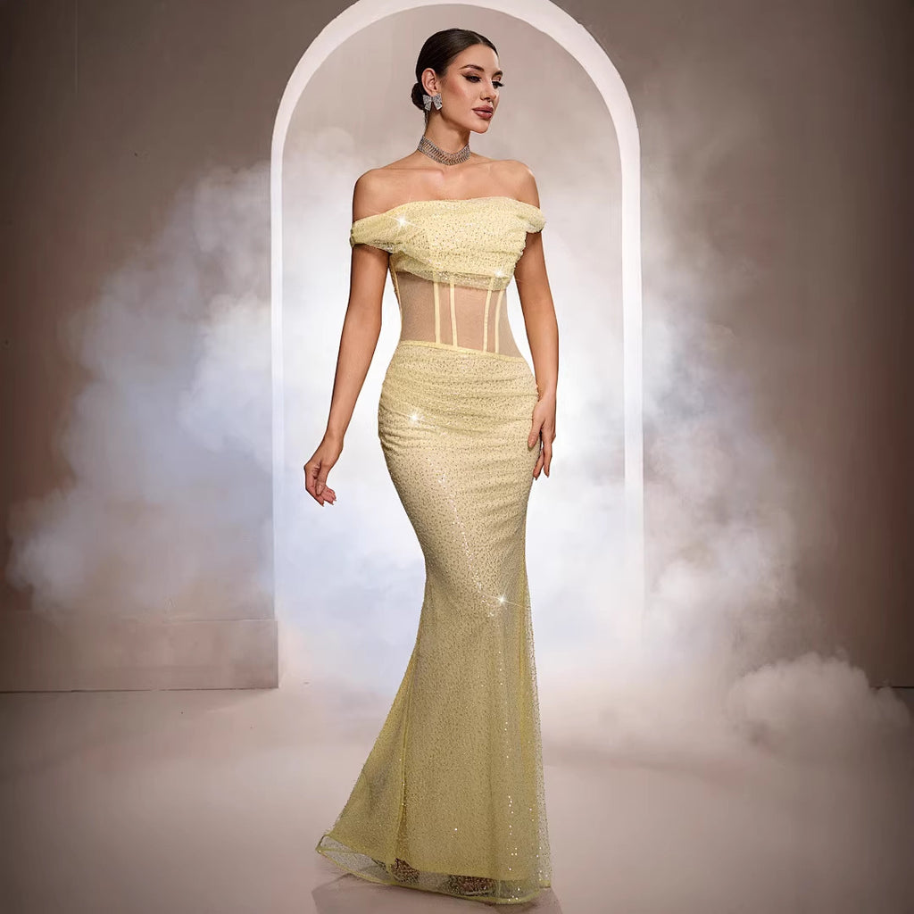Sleeveless Off-the-shoulder Sequined Mermaid Evening Gown