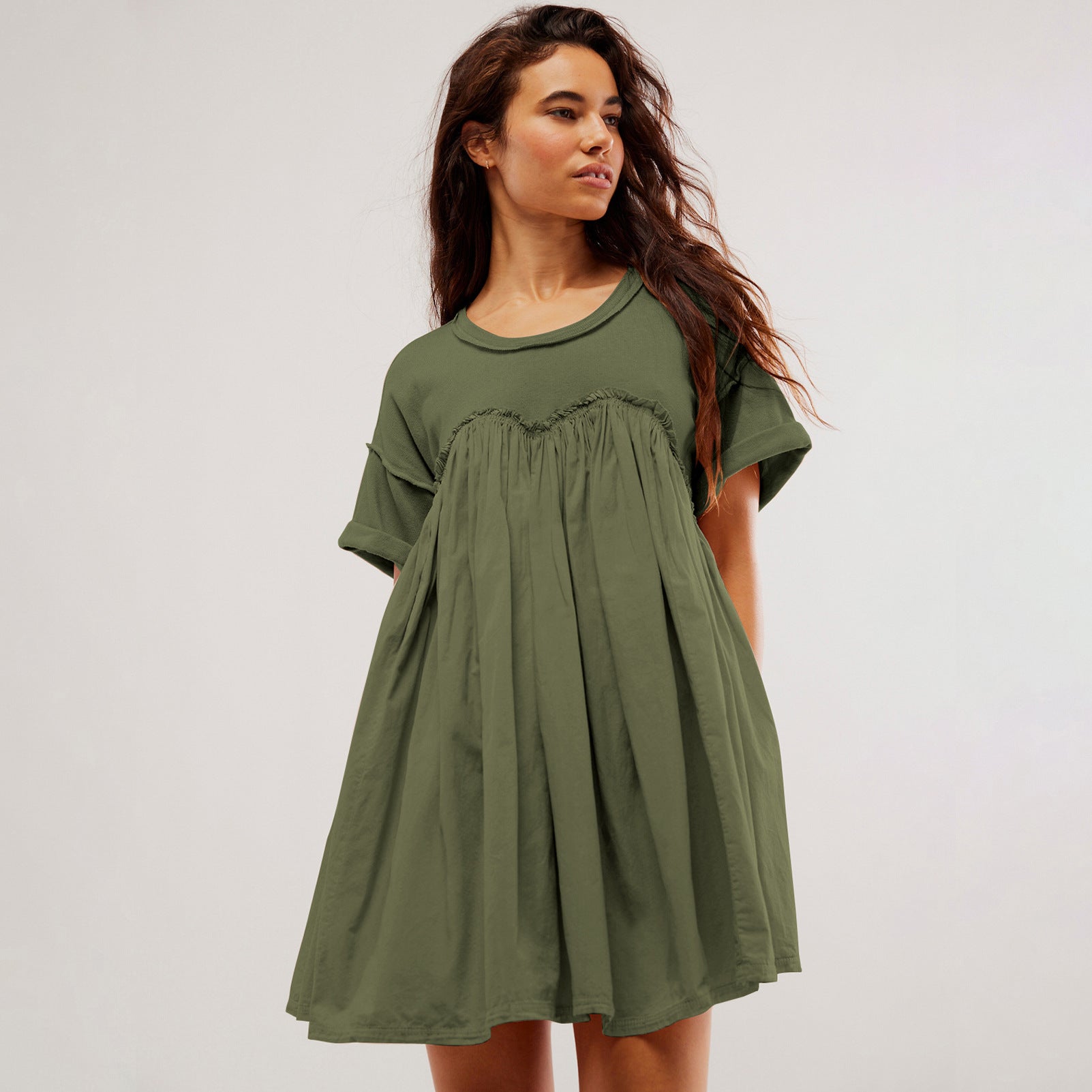 Lotus Leaf Short Skirt High Waist Spring And Summer New Casual Short Sleeve Round Neck Holiday Dress Women