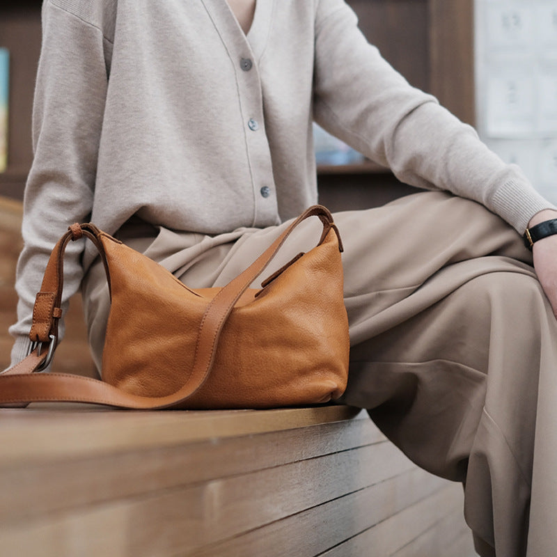 Genuine Leather Single Shoulder Dumpling Bag Japanese Women Wide Strap