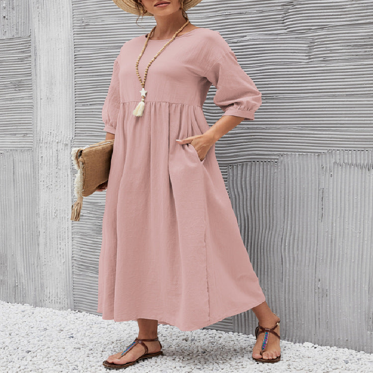 Summer Short-sleeved Dress With Pockets Fashion Solid Round Neck A-line Dresses For Women Clothing