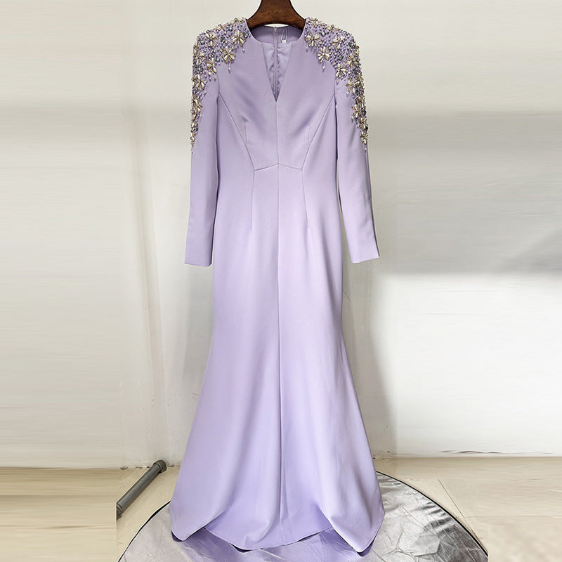Heavy Industry Beads Diamond Front Slit Small Trailing Dress