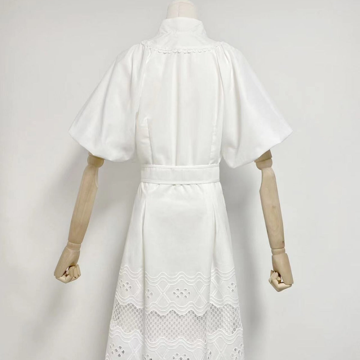 V-neck Puff Sleeve Single Breasted Belt Waist Trimming Short Dress Women