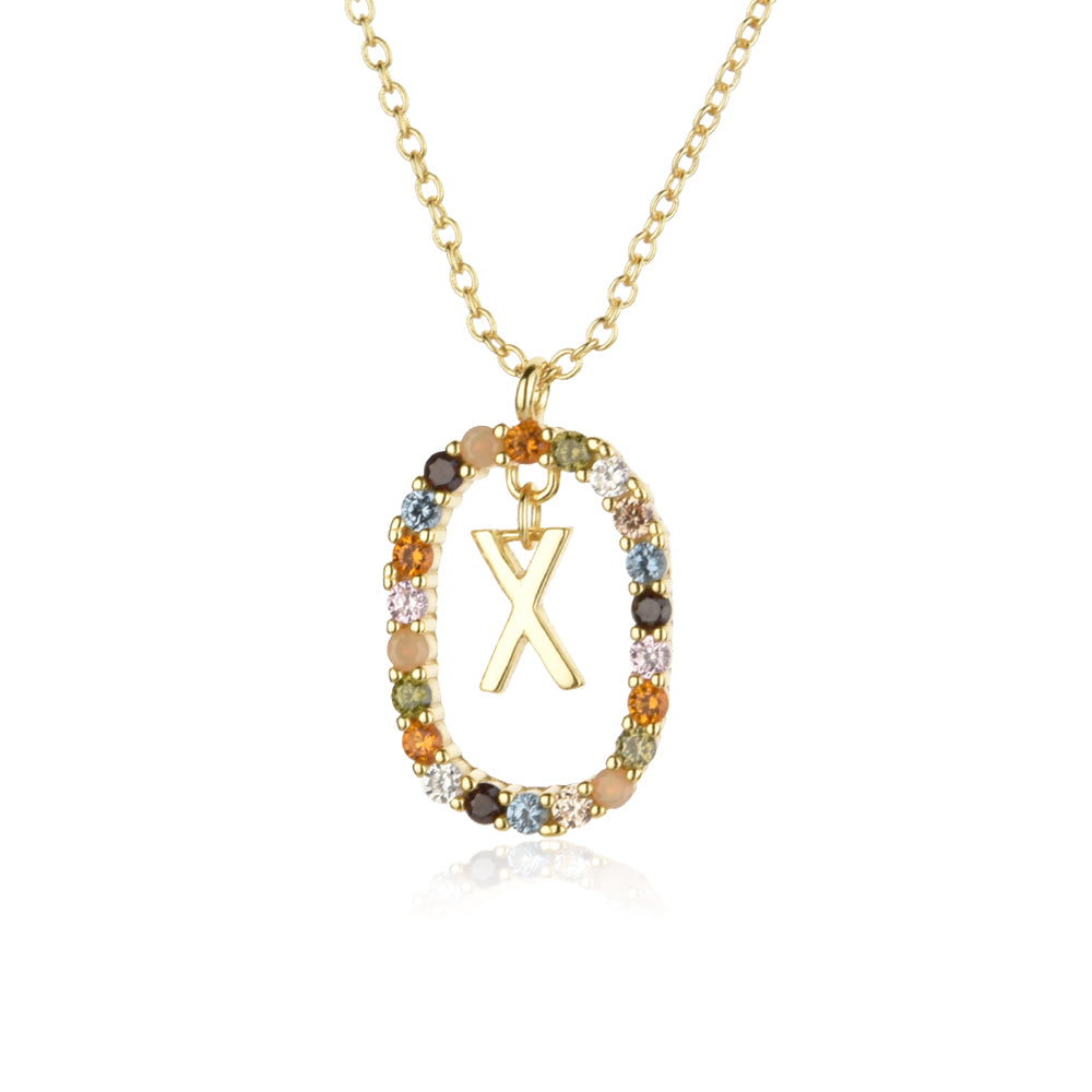 Colorful Rainbow Semi-precious Stone Crystal Clavicle Chain With Zirconium Letters