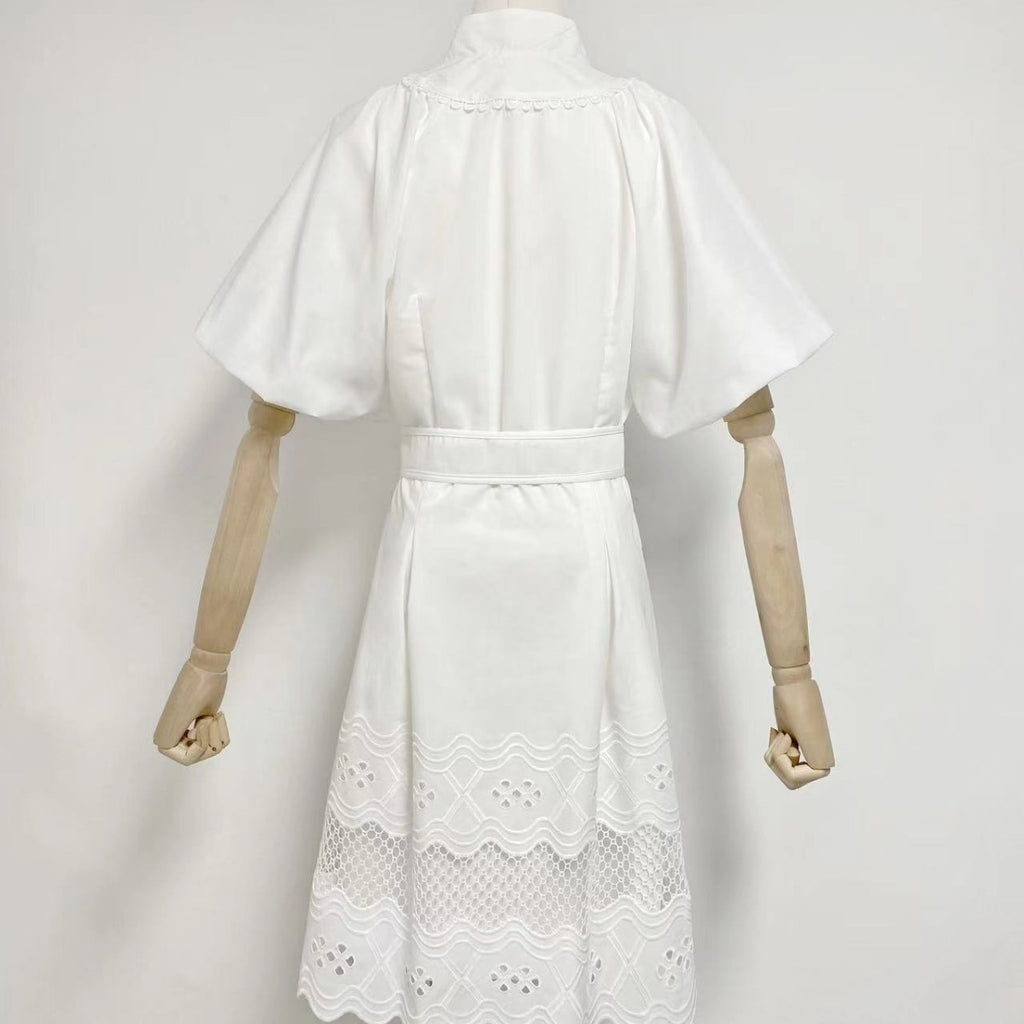 V-neck Puff Sleeve Single Breasted Belt Waist Trimming Short Dress Women
