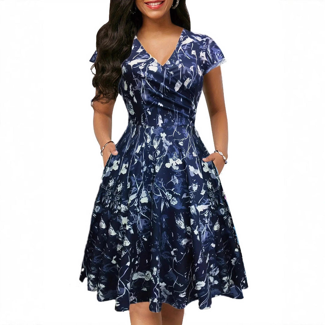 Round Neck Printed Temperament Short Sleeve Dress For Women