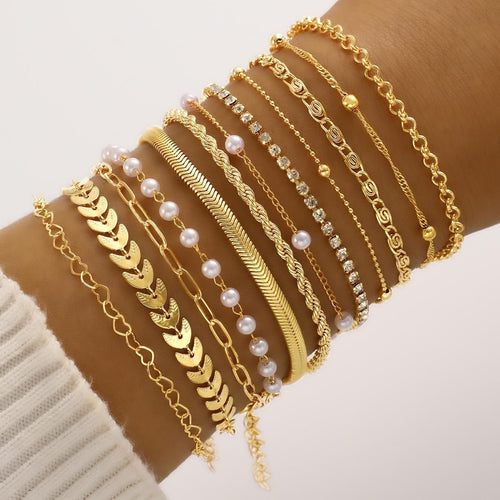 A set of gold bracelets with chains, pearls, and crystals on a wrist.