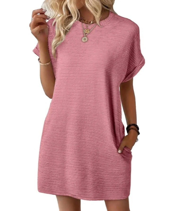 Summer New Loose Round Neck Pocket Solid Color Short Sleeve Dress Women