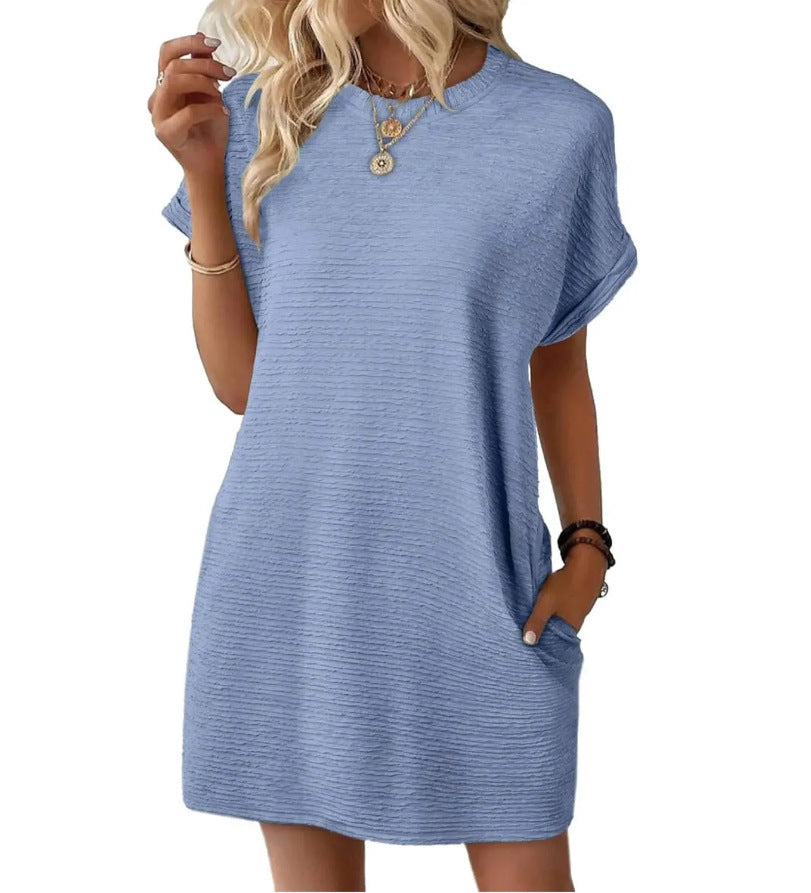 Summer New Loose Round Neck Pocket Solid Color Short Sleeve Dress Women