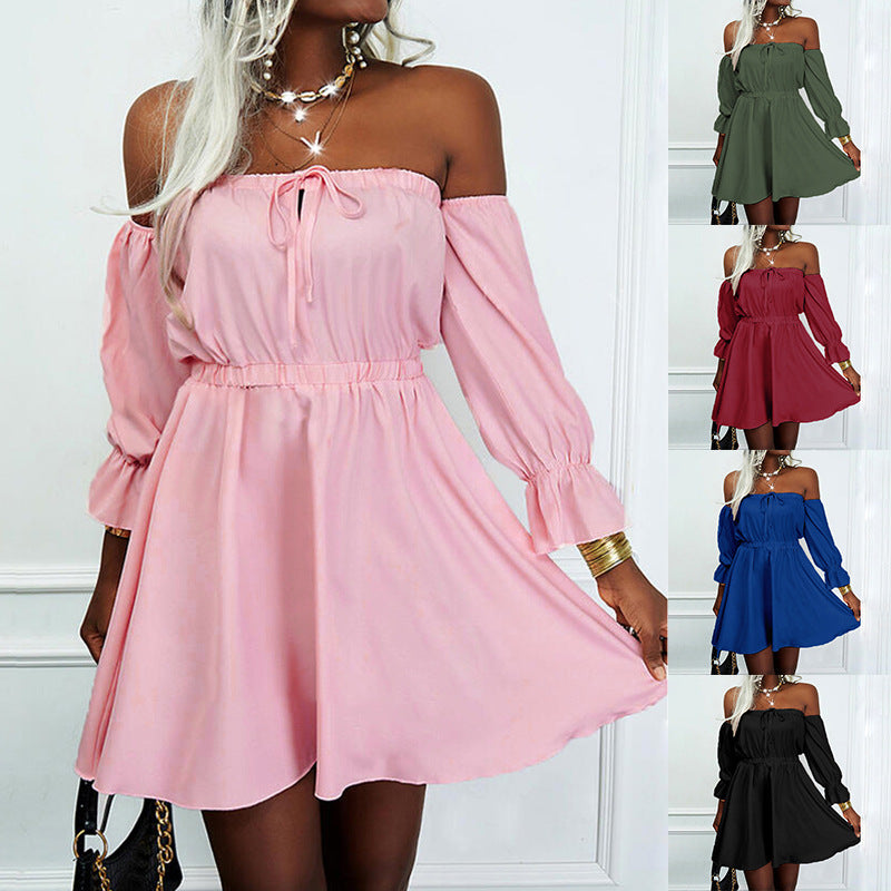 Women Solid Color Short-Sleeved One-Neck High-Waisted Dress