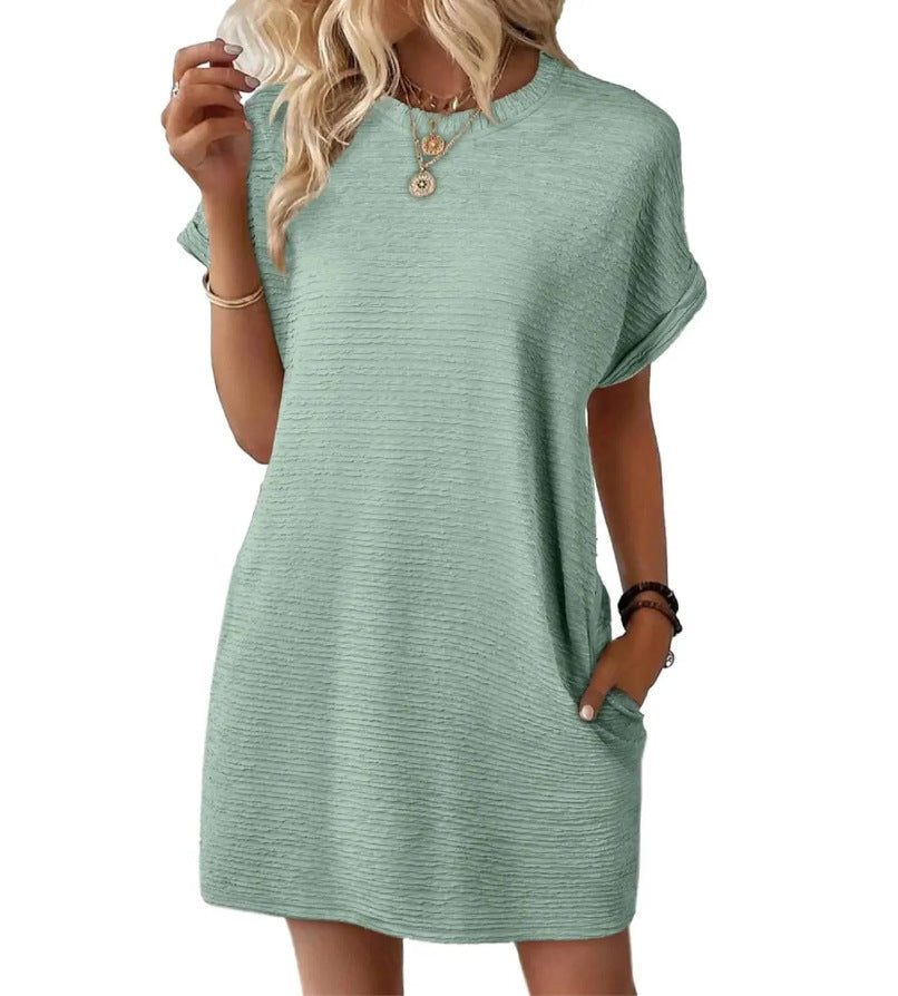 Summer New Loose Round Neck Pocket Solid Color Short Sleeve Dress Women