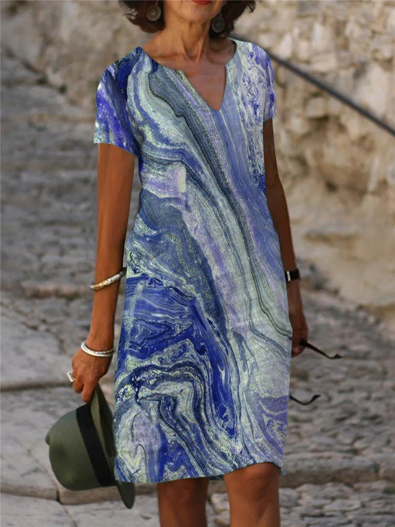 Gradient Color Tie Dye Short Sleeved V Neck Mid Length Dress Women