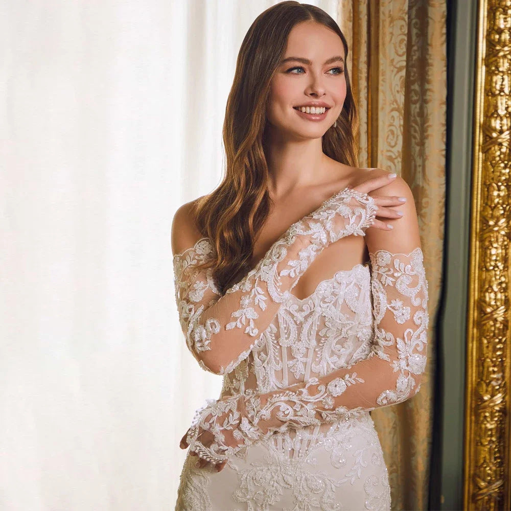 Off-shoulder Lace Long Sleeve Fishtail Gown