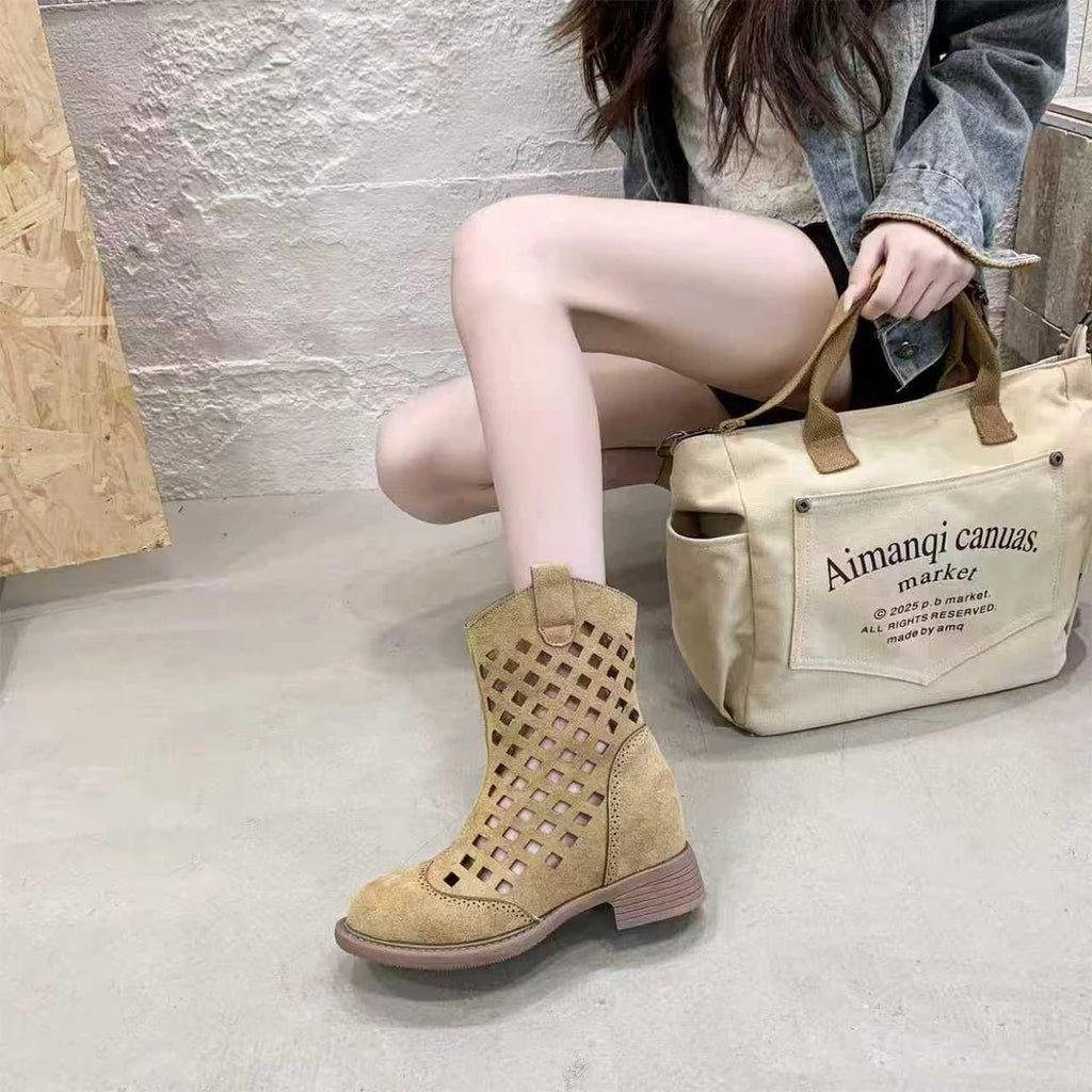 7cm Large Size Hollowed-Out Frosted Mesh Sandals Hole Mid-Calf Short Boots