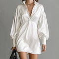 Elegant Satin Shirt Dress For Women SpringSummer Style With Puffed Sleeves Loose Fit Slimming Chic Short Design