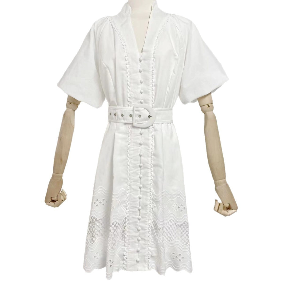 V-neck Puff Sleeve Single Breasted Belt Waist Trimming Short Dress Women
