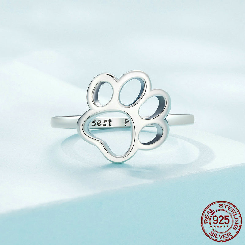 S925 Sterling Silver Ring Simple Hollow Animal Paw Print Ring