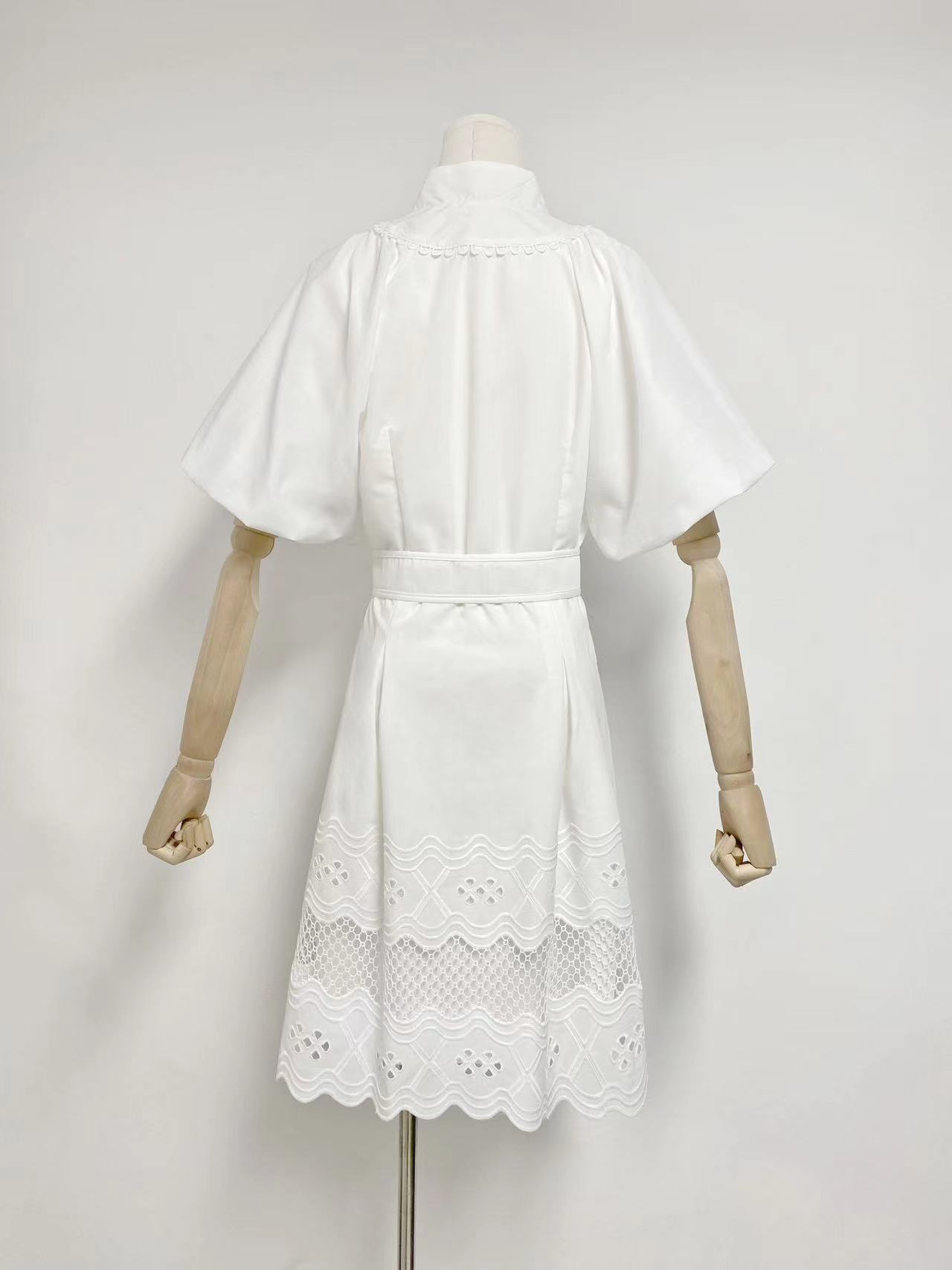V-neck Puff Sleeve Single Breasted Belt Waist Trimming Short Dress Women