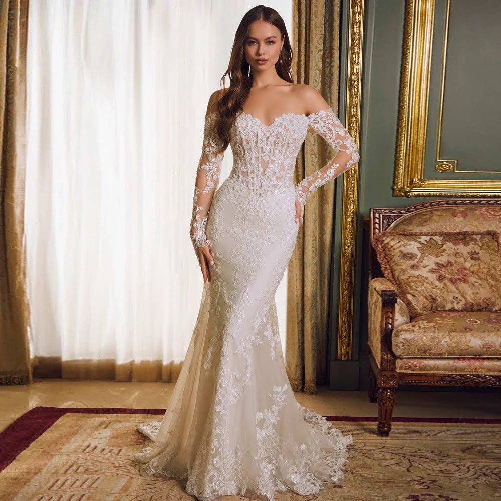 Off-shoulder Lace Long Sleeve Fishtail Gown