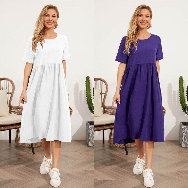 Round Neck Short Sleeve Cotton And Linen Dress Women